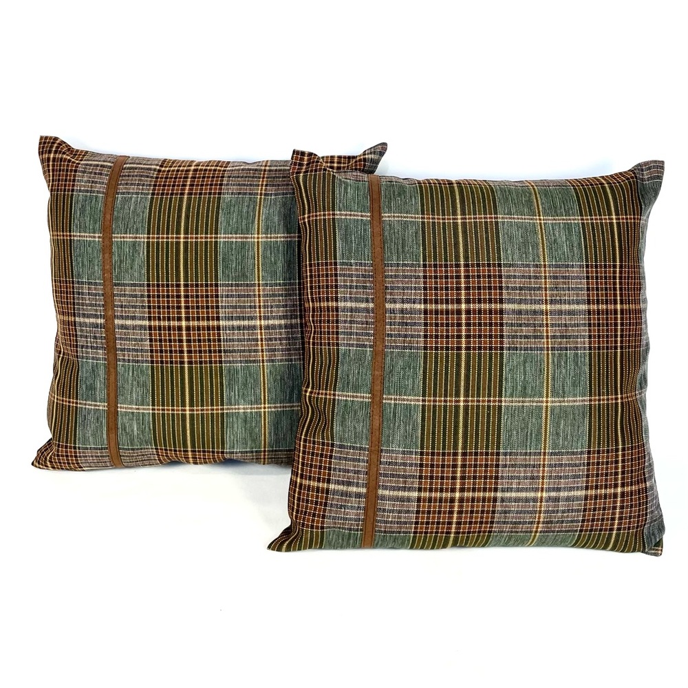 Set of‎ 2 Croscill Plaid Throw Pillow Covers 14x14 Gray Olive Brown